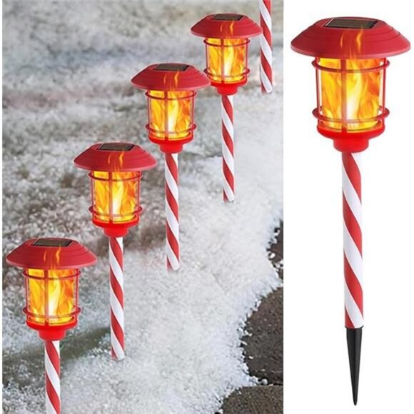 6 Pack Christmas Solar Torch Lights , Flickering Flame Torch Candy Cane Marker - Picture 7 of 7